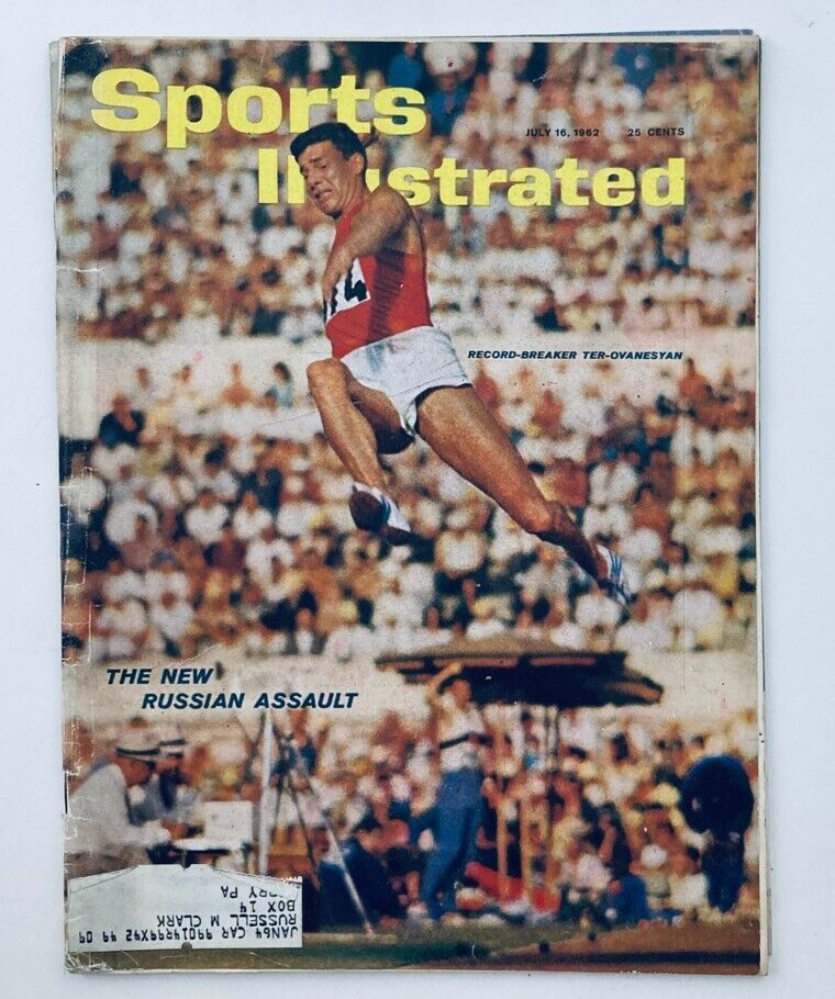 Cover of VTG Sports Illustrated Magazine July 16 1962 featuring record-breaking athlete Igor Ter-Ovanesyan in mid-jump during a competition.