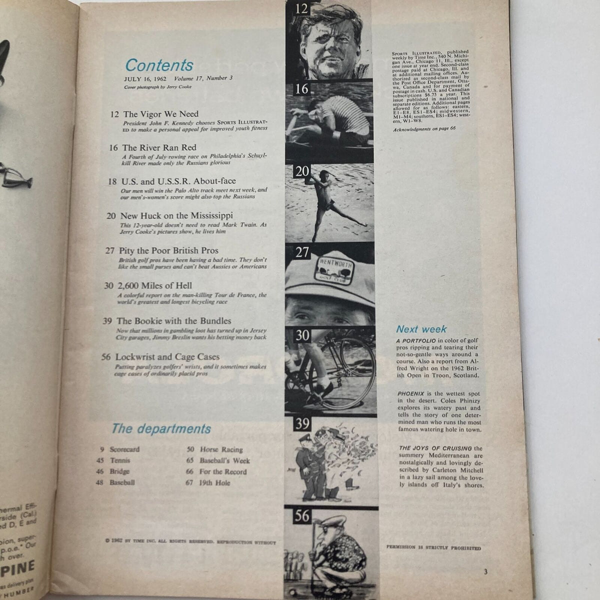 Contents page of VTG Sports Illustrated Magazine July 16 1962 displaying articles and features including President John F. Kennedy's fitness initiative.