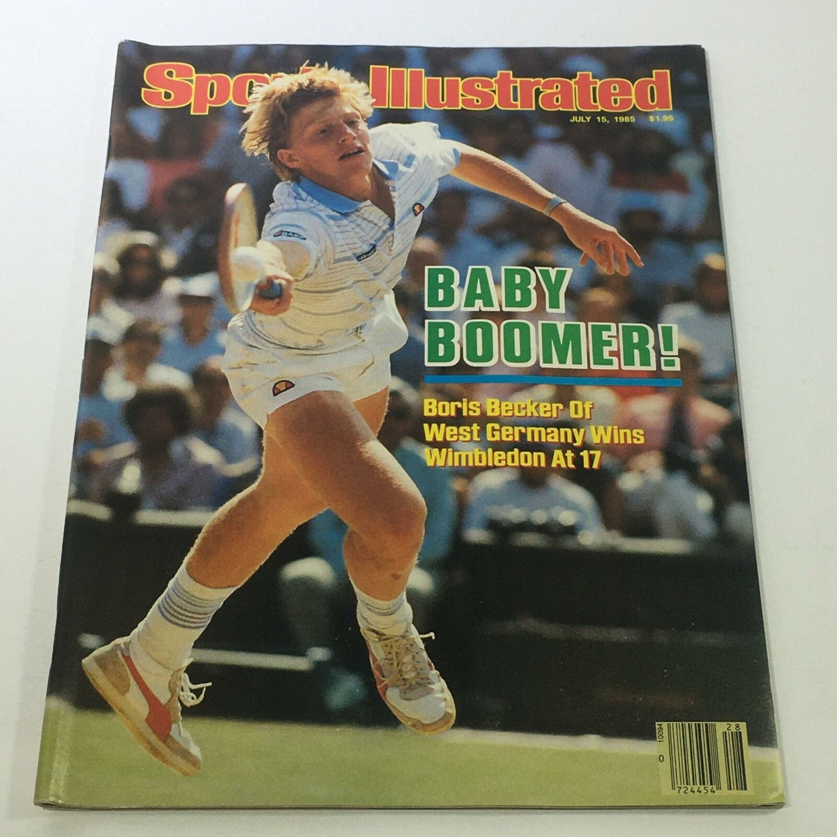 Sports Illustrated cover from July 15, 1985, featuring Boris Becker of West Germany, highlighting his Wimbledon win at 17 with the caption 'Baby Boomer!'. The magazine is visually striking with vibrant colors.