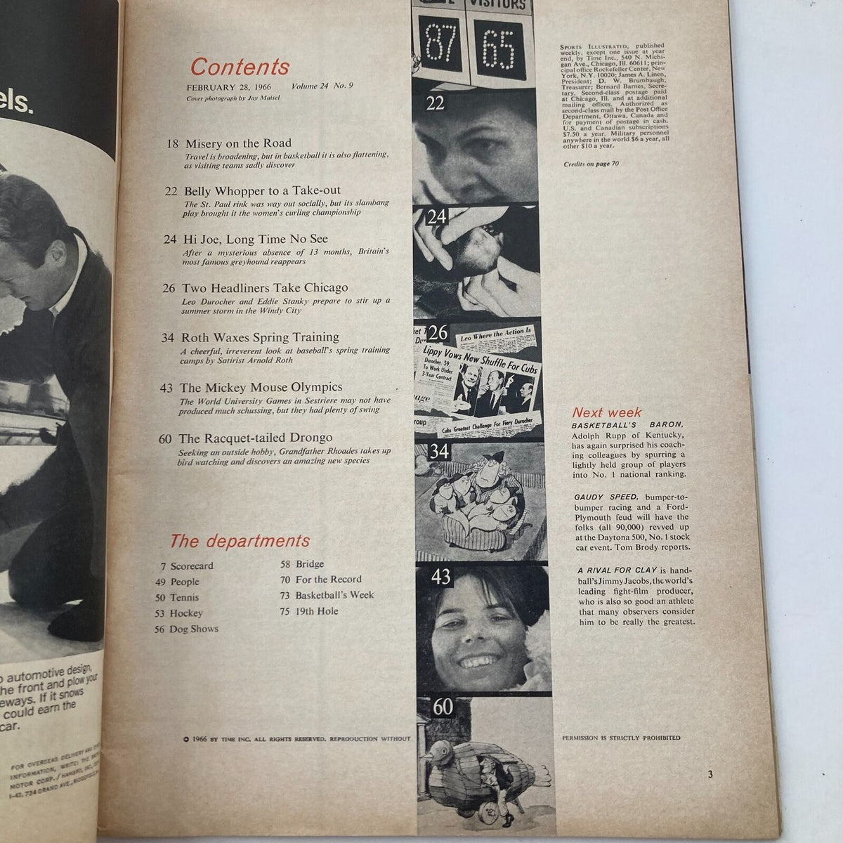 Contents page of Sports Illustrated Magazine February 28, 1966, highlighting articles including 'Two Headliners Take Chicago' and features on spring training and other sports activities.