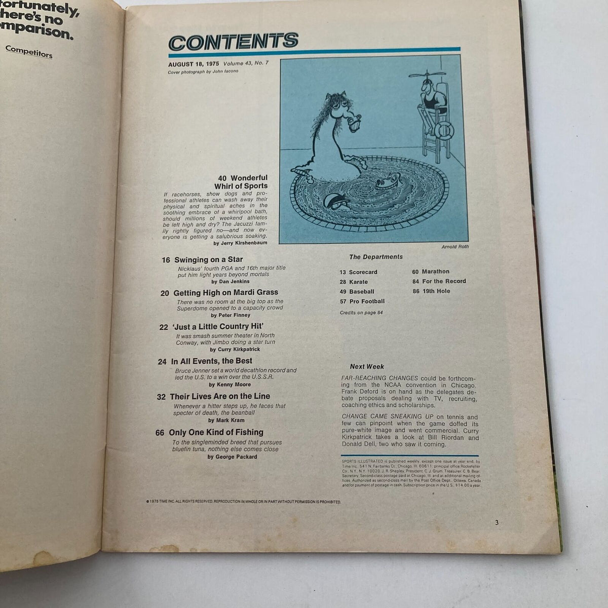 Contents page of Sports Illustrated Magazine August 18, 1975, Vol 43 No. 7 featuring an illustration by Arnold Roth and highlighting articles on various sports topics, including golf and fishing.