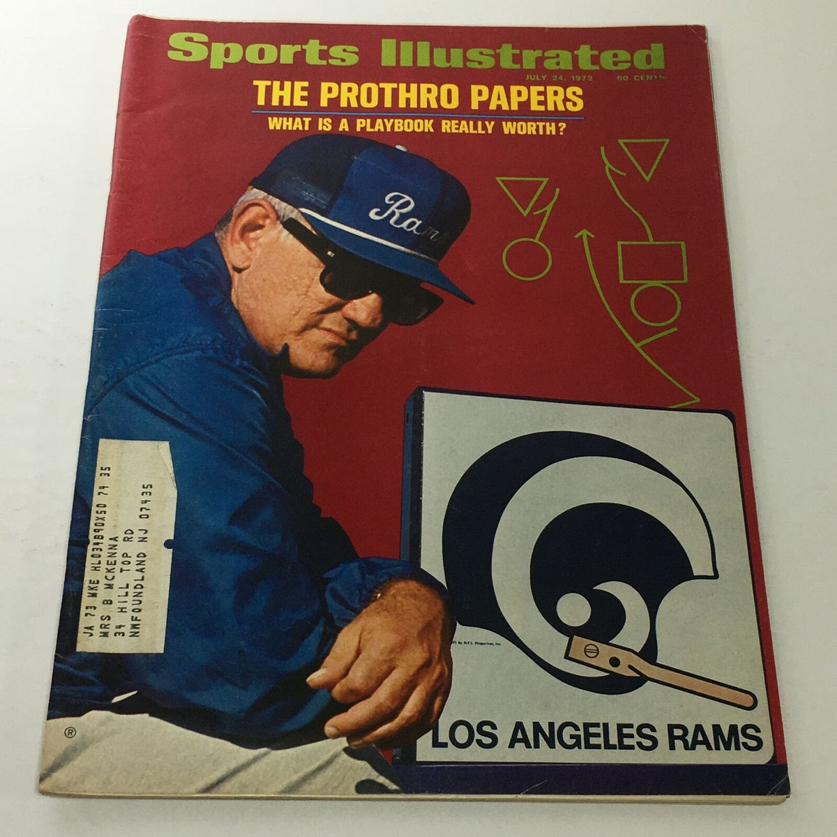 Cover of Sports Illustrated dated July 24, 1972, featuring 'The Prothro Papers' and the Los Angeles Rams. The image shows a coach in a blue uniform with a cap, along with the Rams logo and a headline questioning the worth of a playbook.