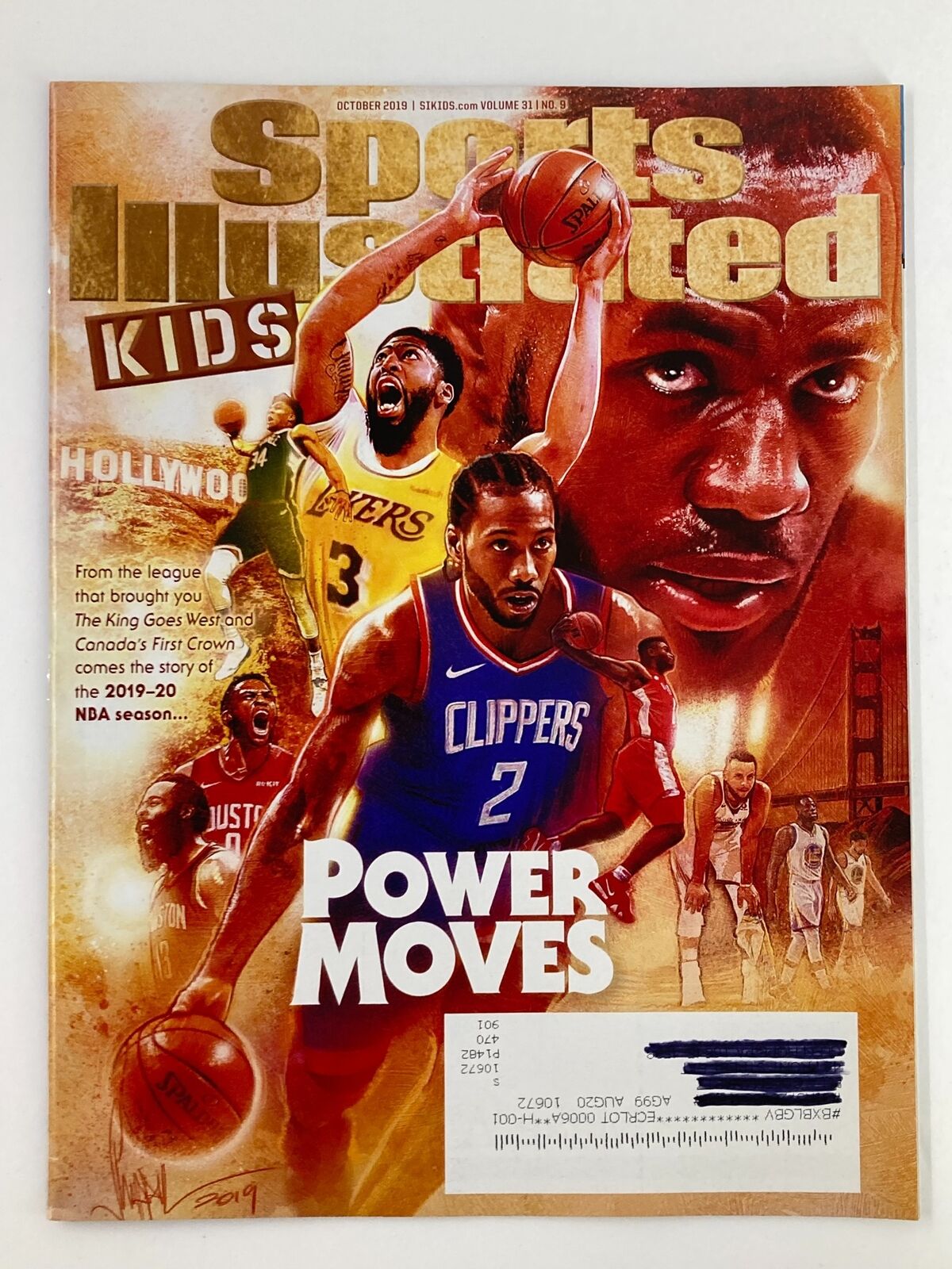 Cover image of Sports Illustrated Kids Magazine, October 2019, Vol 31 #9, featuring Anthony Davis and showcasing vibrant graphics with basketball players and the theme 'Power Moves'. Ideal for collectors and young sports enthusiasts.