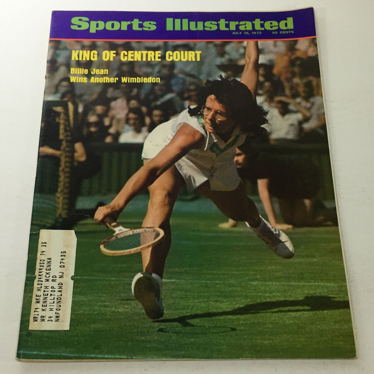 Vintage Sports Illustrated magazine cover from July 16, 1973, featuring Billie Jean King celebrating her Wimbledon victory with the headline 'King of Centre Court'.