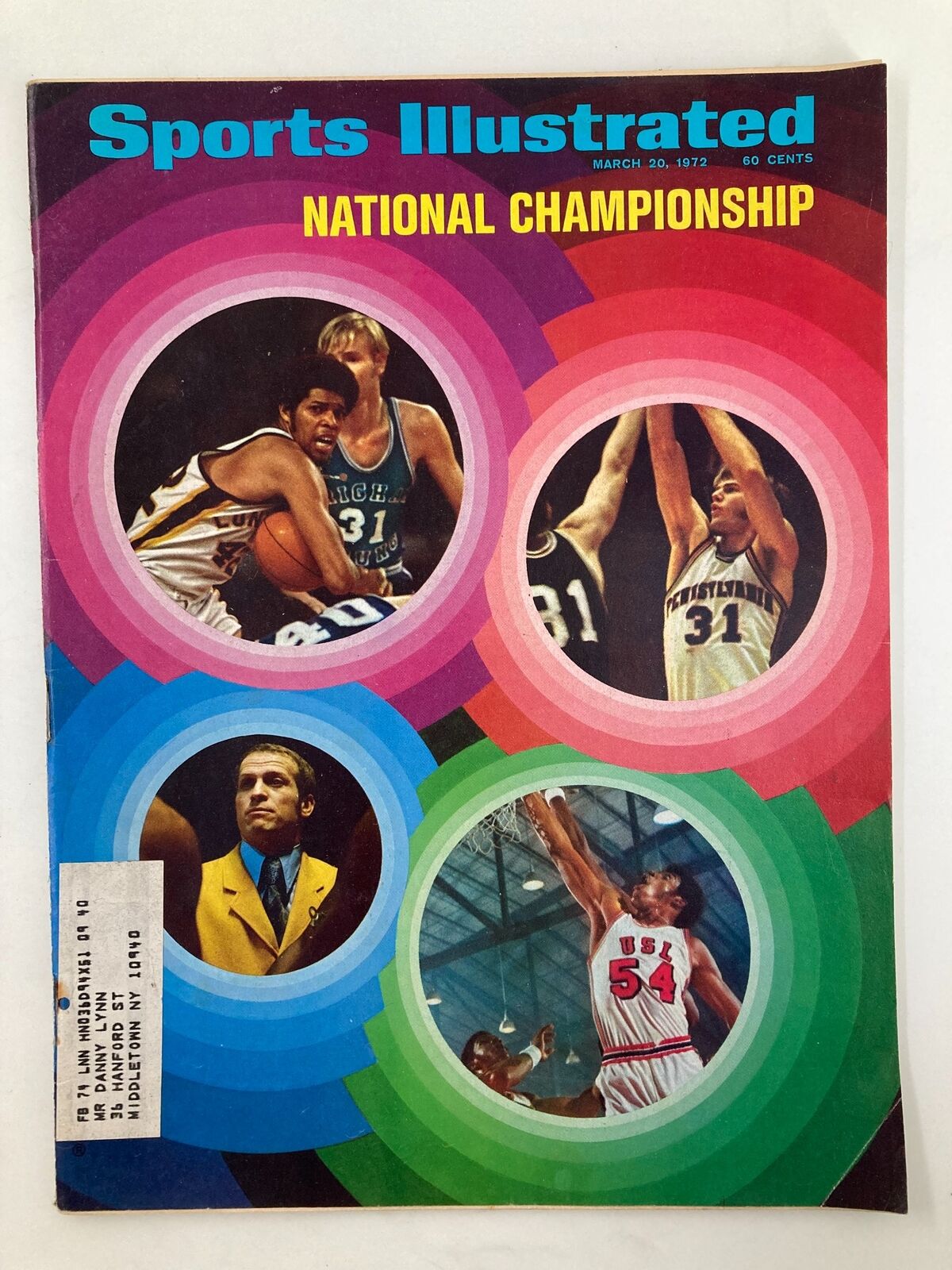 Cover of Sports Illustrated Magazine from March 20, 1972, featuring Kareem Abdul-Jabbar, showcasing National Championship with vibrant graphical design and basketball imagery.