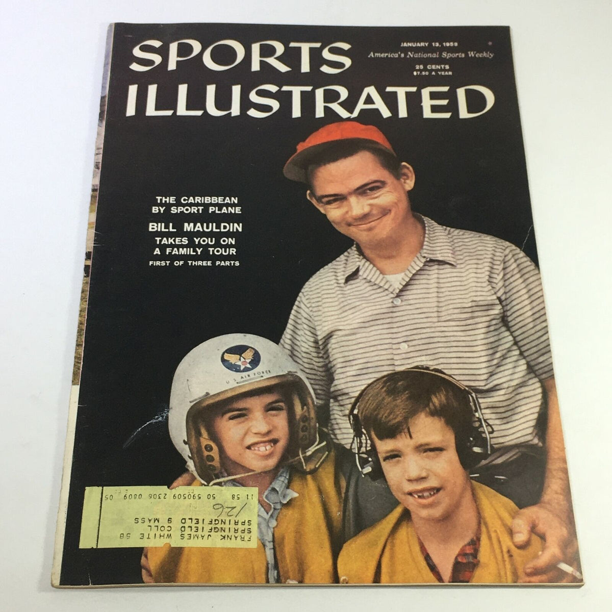 VTG Sports Illustrated Magazine January 13 1958 featuring a family portrait cover illustration by Bill Mauldin, showcasing kids in pilot helmets with a smiling adult, highlighting sports and family leisure in the late 1950s.