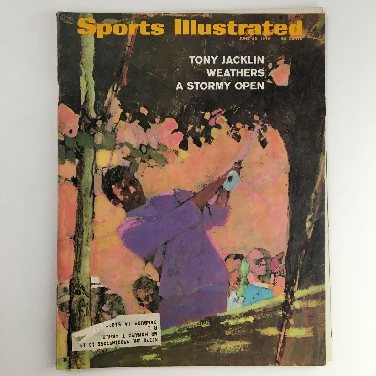Cover of Sports Illustrated Magazine from June 29, 1970, featuring Tony Jacklin weathering a stormy open, showcasing a vibrant illustration of Jacklin in action.