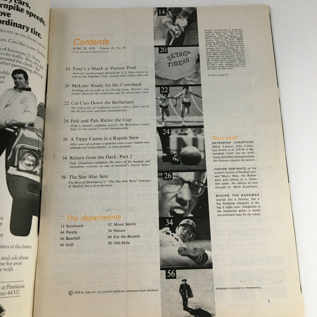 Contents page of Sports Illustrated Magazine, June 29, 1970, listing articles including Tony's Shark at Pasture Pool and details about various sports topics of the era.
