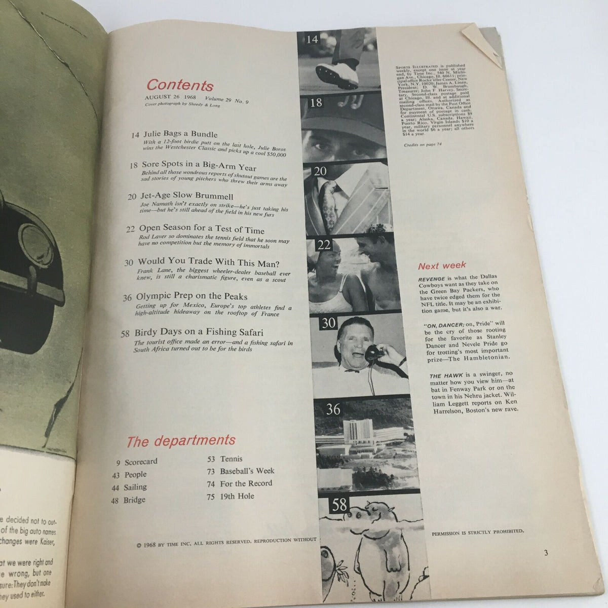 Inside page of the Sports Illustrated Magazine August 26 1968 displaying the table of contents, listing features like 'Open Season for a Test of Time' and other sports-related articles.