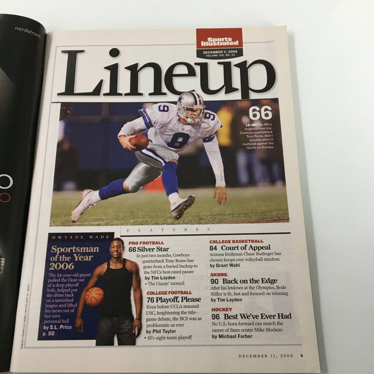 Inside page of Sports Illustrated Magazine December 11, 2006 showcasing a lineup feature, including a profile on Dwyane Wade and various sports highlights.