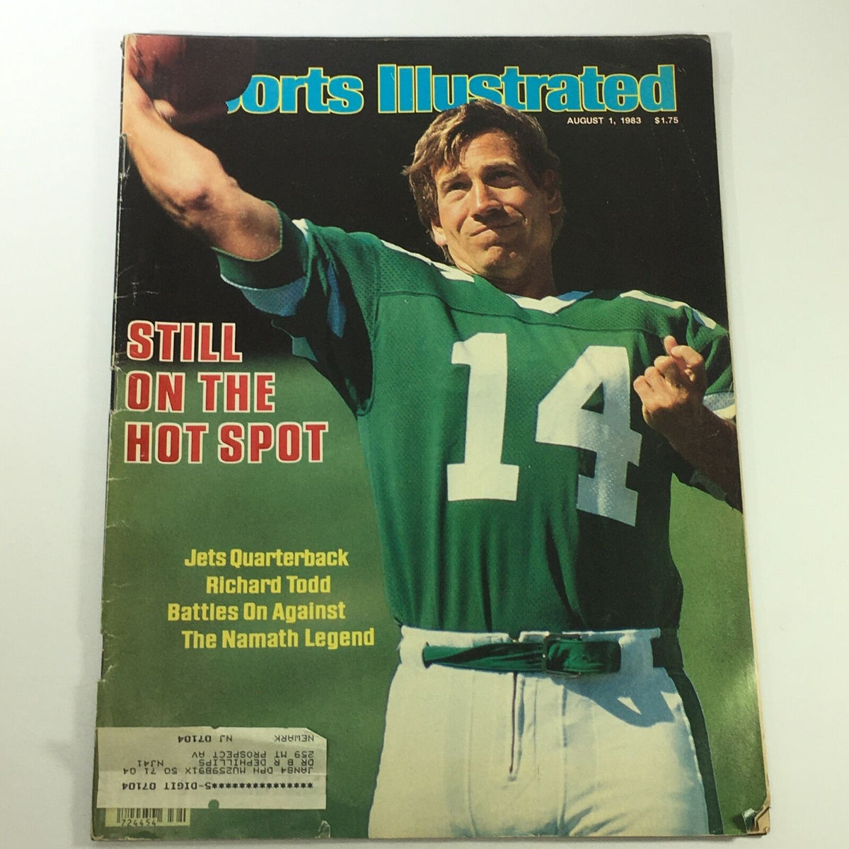 VTG Sports Illustrated Magazine August 1 1983 featuring Jets Quarterback Richard Todd on the cover, showcasing his iconic number 14 jersey.