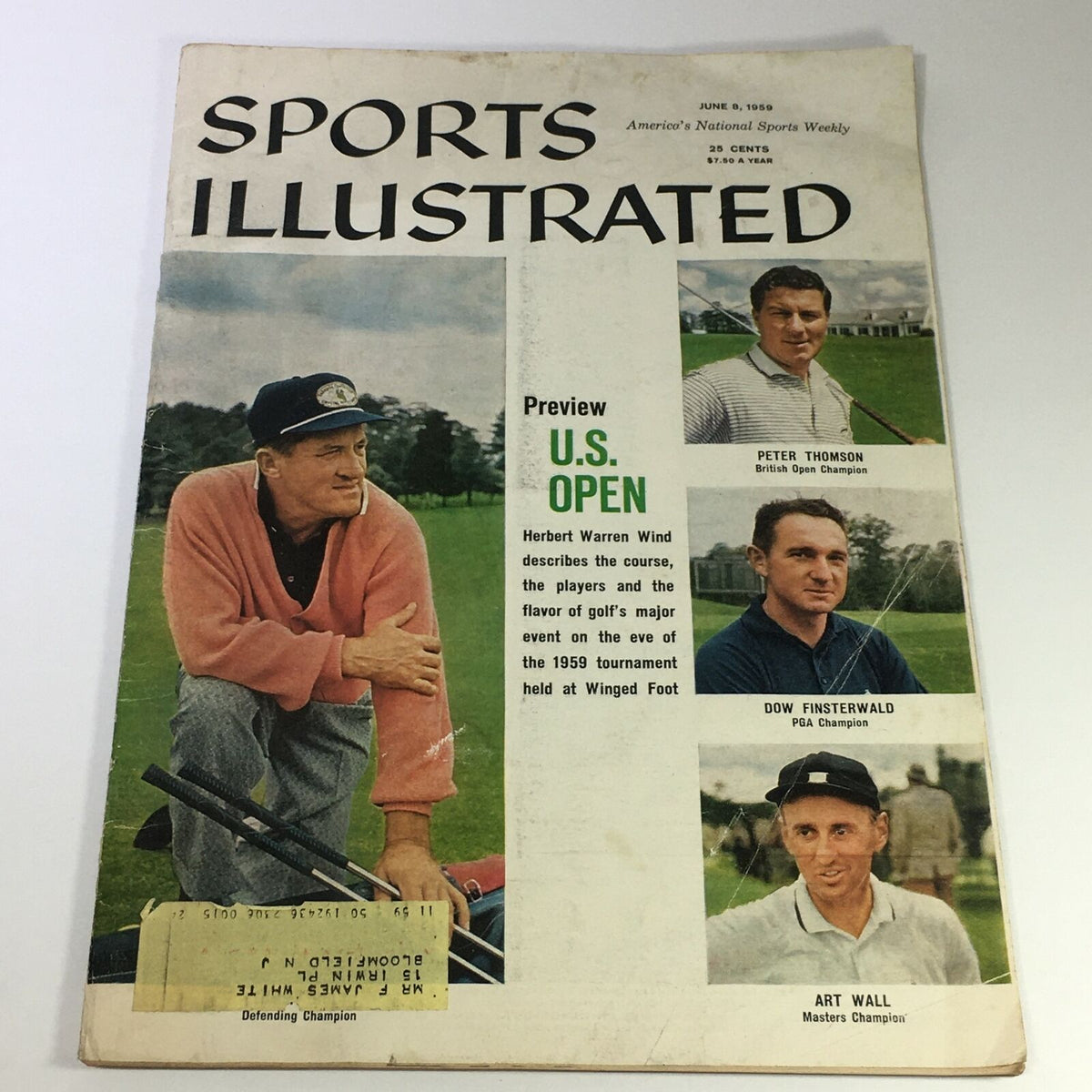 Vintage Sports Illustrated Magazine cover from June 8, 1959, featuring Peter Thompson, Dow Finsterwald, and Art Wall with a preview of the U.S. Open.