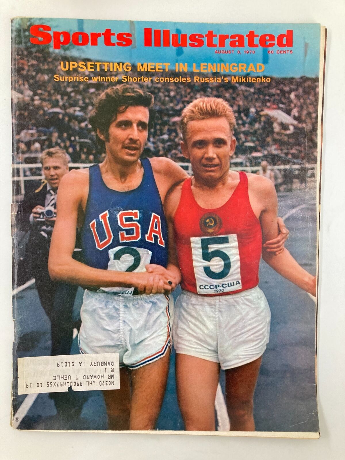 Cover of Sports Illustrated magazine dated August 3, 1970, featuring athletes Leonid Mikitenko and Frank Shorter. The magazine highlights an upsetting meet in Leningrad and includes a label on the front.
