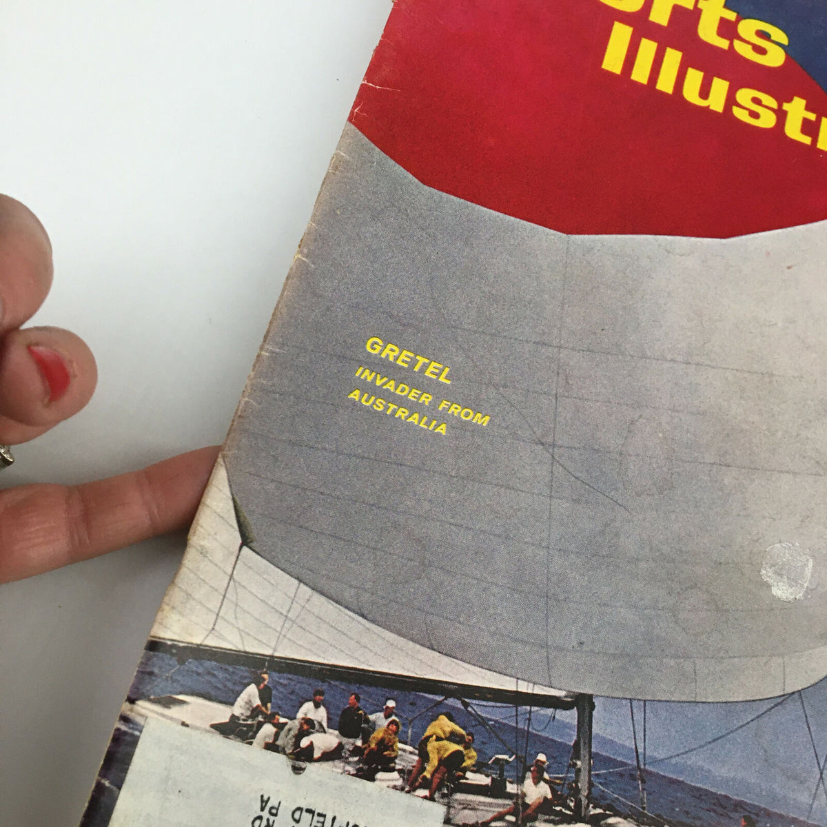 Close-up view of VTG Sports Illustrated Magazine July 9 1962 cover, highlighting the title 'Gretel Invader from Australia' and the yacht.
