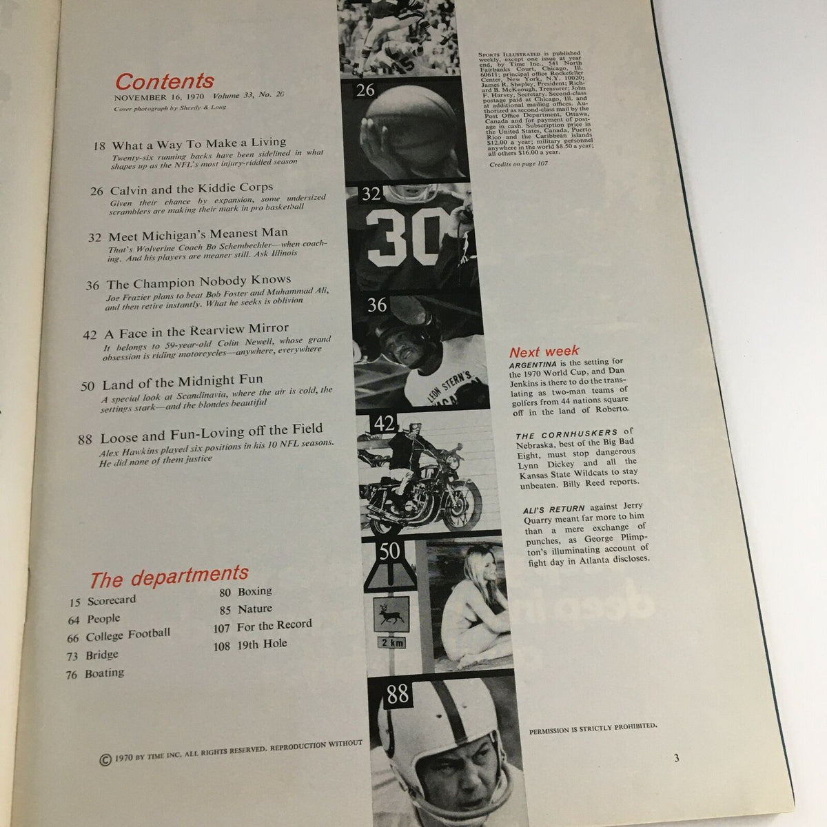 Contents page of Sports Illustrated Magazine, November 16, 1970, featuring articles and features on Calvin Murphy and American sports culture.