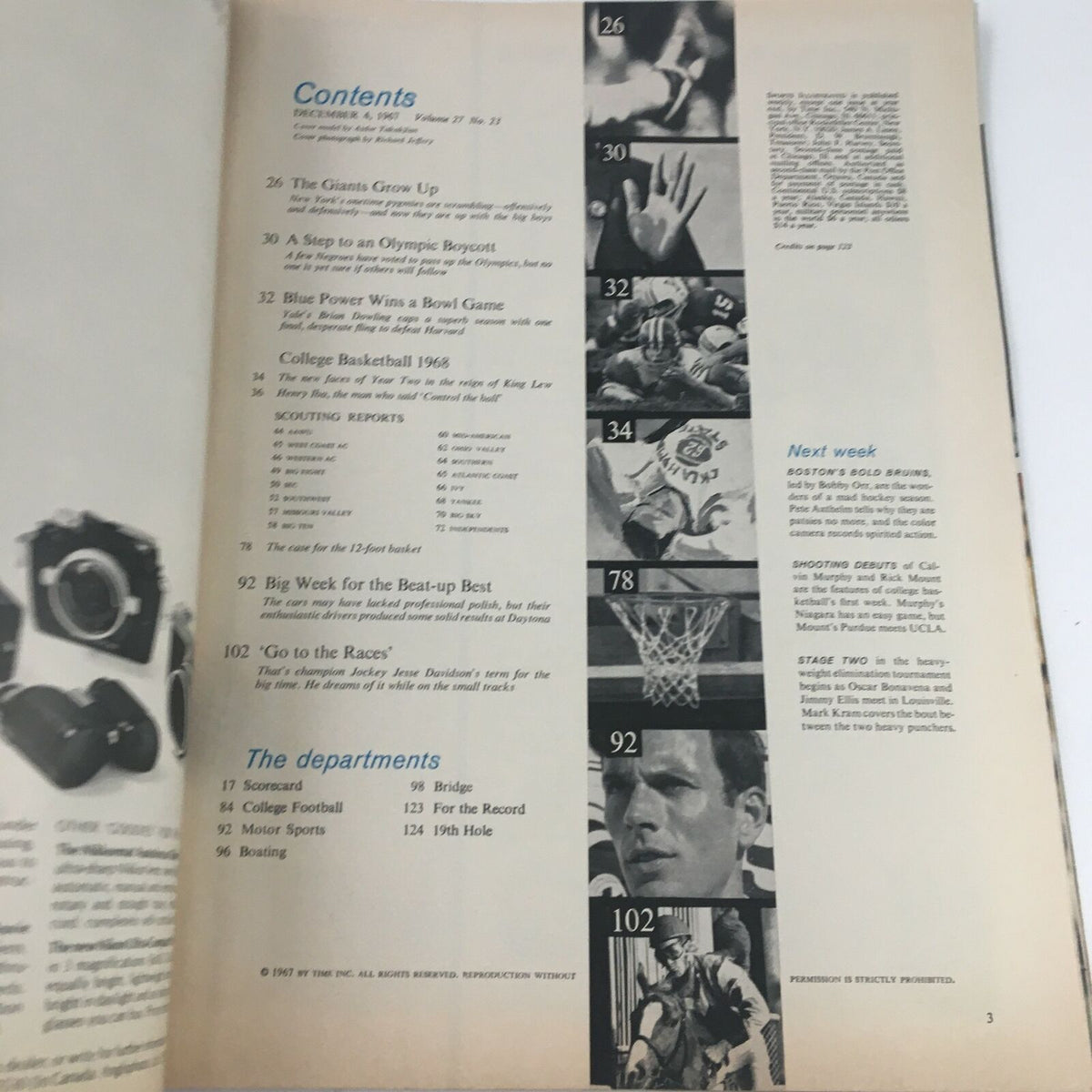 Contents page of Sports Illustrated Magazine December 4, 1967, showcasing articles including 'The Case for the 12-Foot Basket' and various sports features.