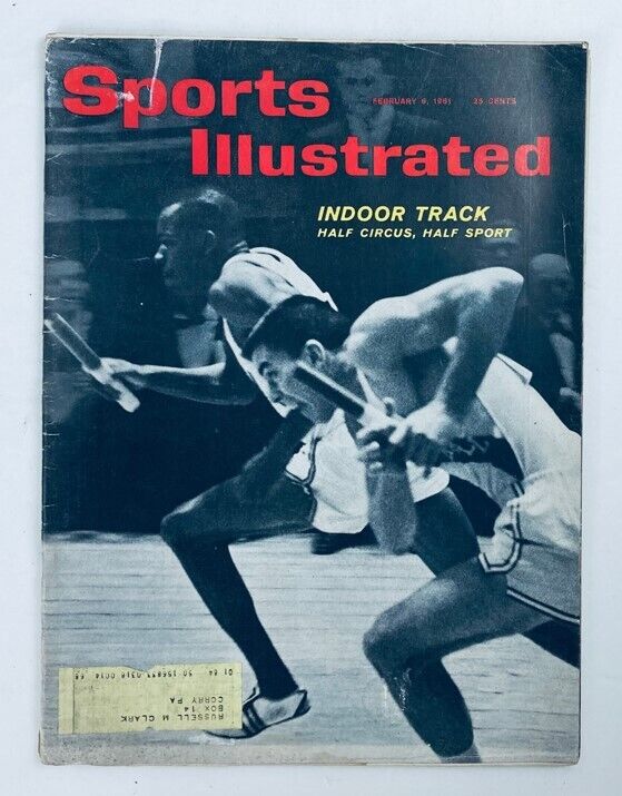 Cover of the VTG Sports Illustrated Magazine from February 6, 1961, Vol 14 No. 5, featuring a graphic depiction of indoor track events, highlighting the sport's excitement and history.