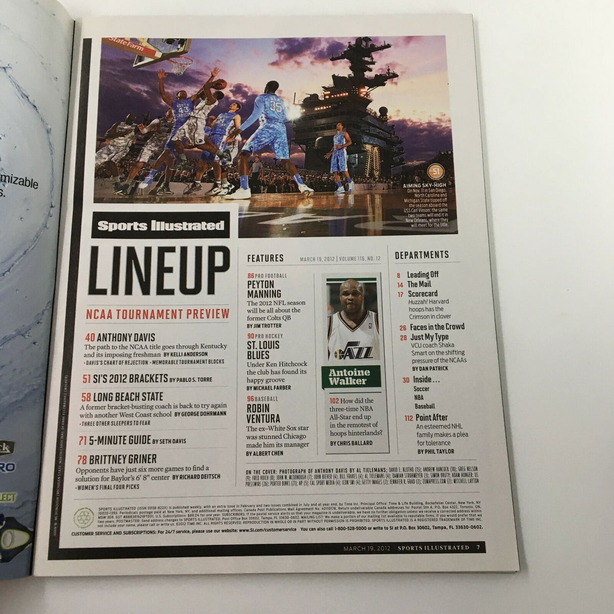 Inside page of Sports Illustrated Magazine March 19 2012, highlighting NCAA tournament preview details and featuring a profile on Anthony Davis.
