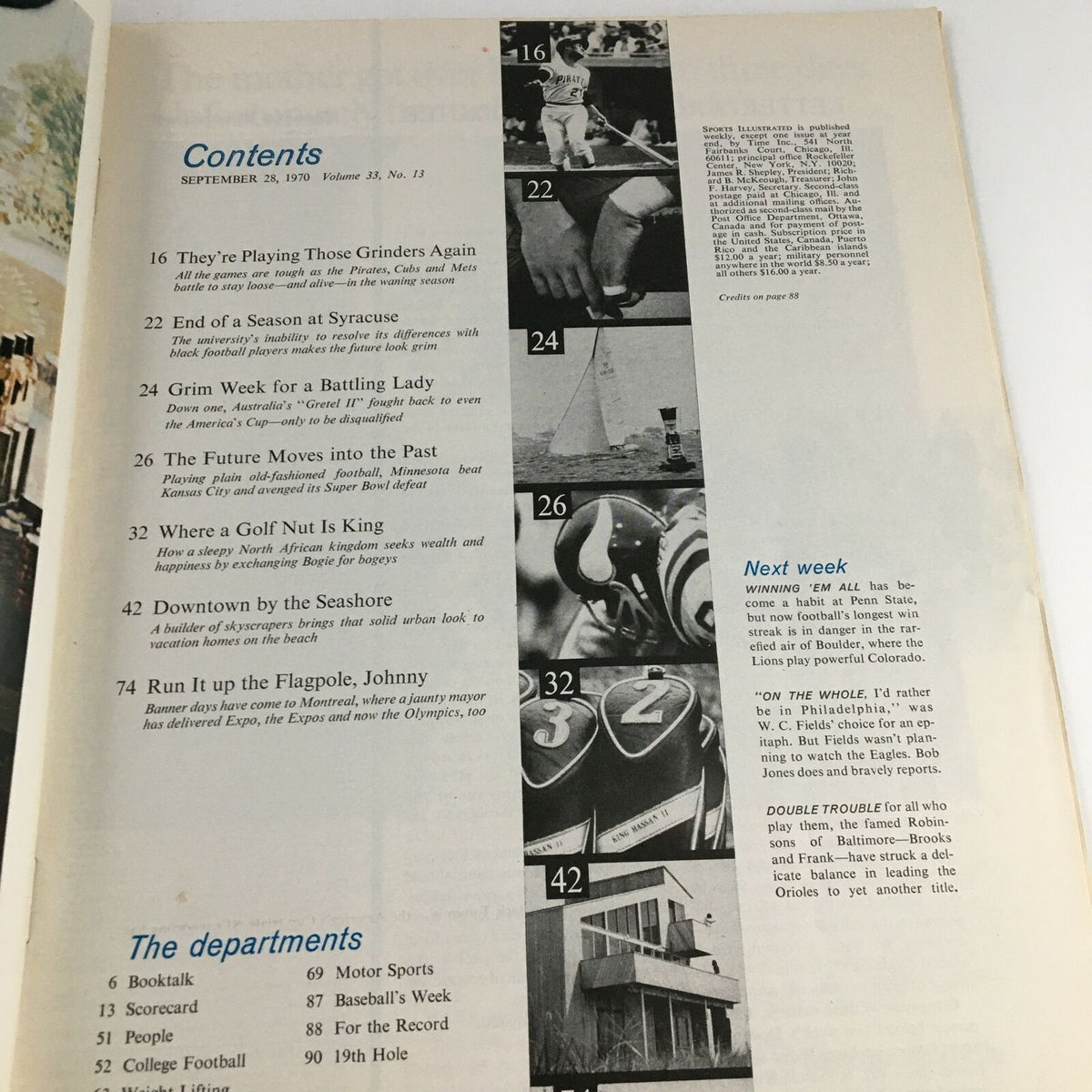 Contents page of Sports Illustrated Magazine dated September 28, 1970, outlining featured articles including "The Desperate Race."