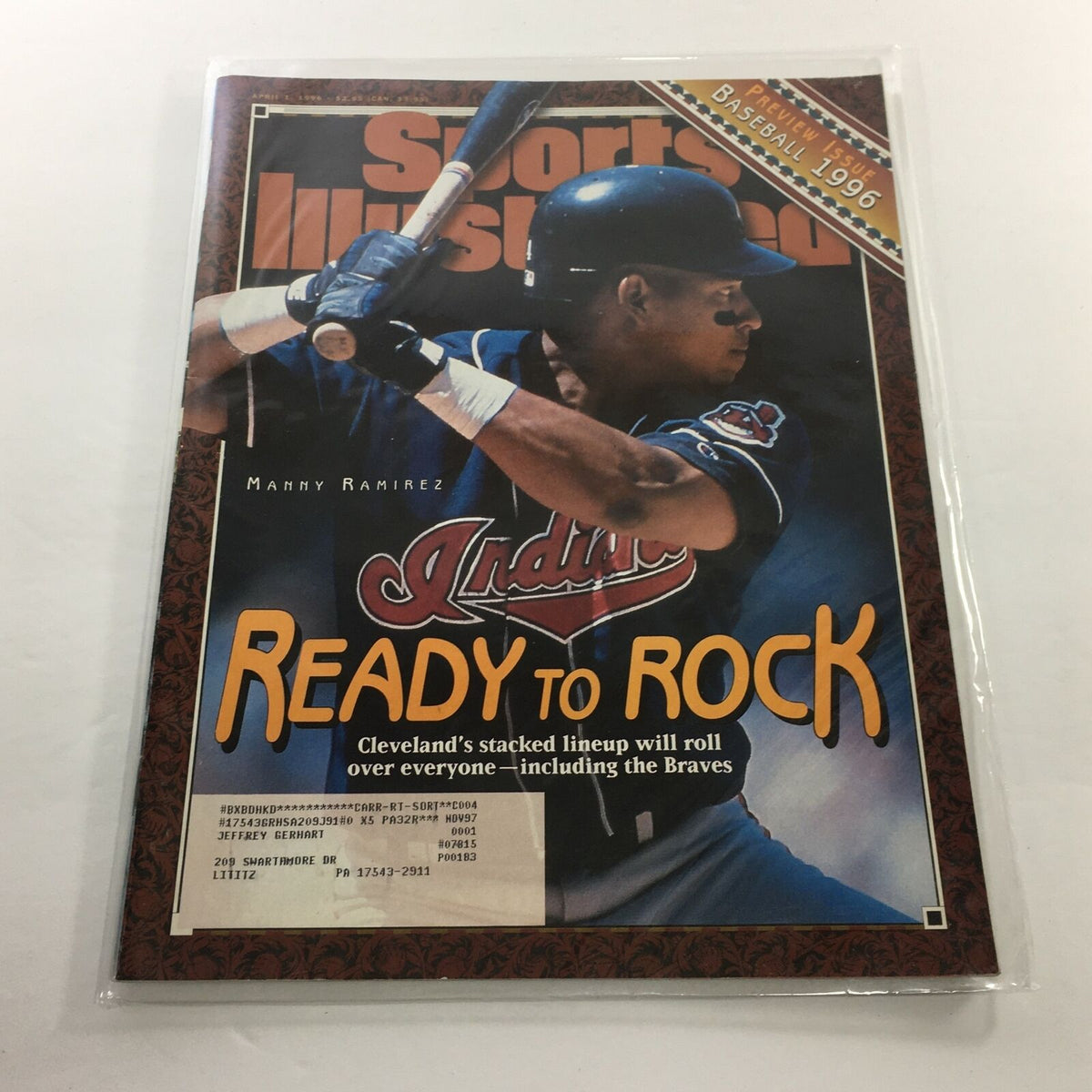 Cover of Sports Illustrated from April 1, 1996 featuring Manny Ramirez, titled 'Ready To Rock'. The magazine highlights Cleveland's stacked lineup and showcases Ramirez in a Cleveland Indians uniform.
