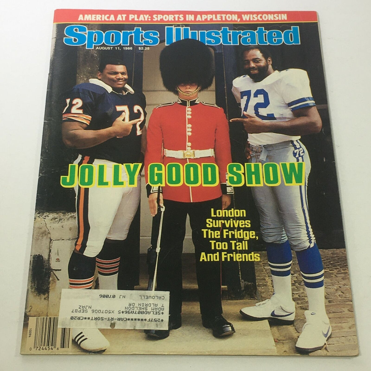 Sports Illustrated cover from August 11, 1986, featuring NFL players from the Cowboys and Bears alongside a British soldier, titled 'Jolly Good Show'. The image highlights the unique cultural blend and excitement of NFL football.