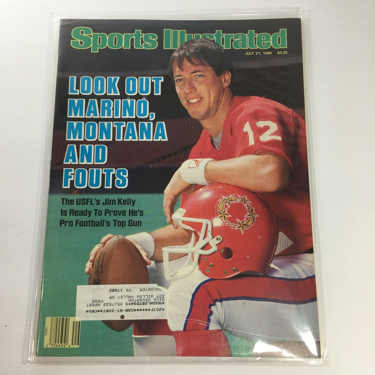 Sports Illustrated cover featuring Jim Kelly on July 21, 1986, highlighted as Pro Football's Top Gun, with the tagline 'Look Out Marino, Montana and Fouts'.