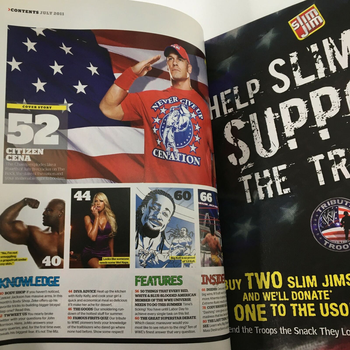 WWE Magazine July 2011 featuring John Cena on the cover with an American flag backdrop, showcasing contents and highlights from the issue.