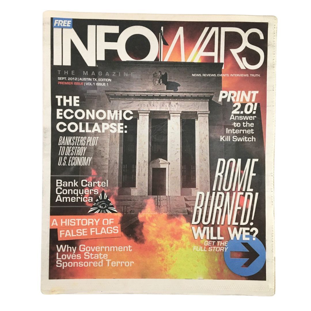 Infowars 1st Edition Magazine September 2012 cover featuring The Economic Collapse headline, depicting a dramatic image of the Capitol building with bold text and graphics.