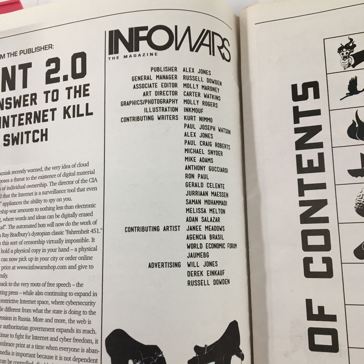 Contents page from Infowars 1st Edition Magazine September 2012, featuring contributors including Alex Jones.