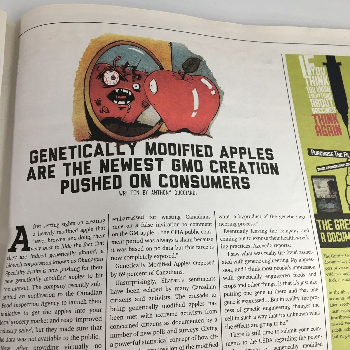 Image from Infowars 1st Edition Magazine September 2012 featuring an article titled 'Genetically Modified Apples Are The Newest GMO Creation Pushed on Consumers' written by Anthony Gucciardo, highlighting concerns over GMOs.