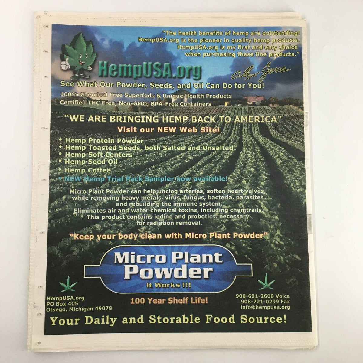Image from Infowars 1st Edition Magazine September 2012 promoting Hemp USA products, showcasing Micro Plant Powder as a daily source of nutrition and emphasizing its health benefits.