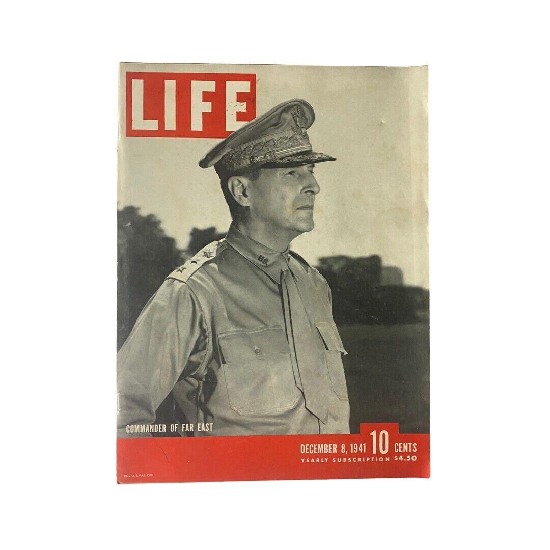 Cover of Life Magazine dated December 8, 1941, featuring General Douglas MacArthur. The cover highlights MacArthur as 'Commander of Far East,' showcasing a powerful portrait and the magazine's logo in bold red.