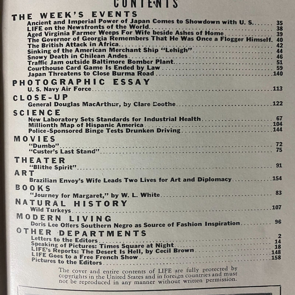 Contents page of Life Magazine from December 8, 1941, detailing significant articles including a feature on General Douglas MacArthur and coverage of events leading to World War II, highlighting the historical context of the time.