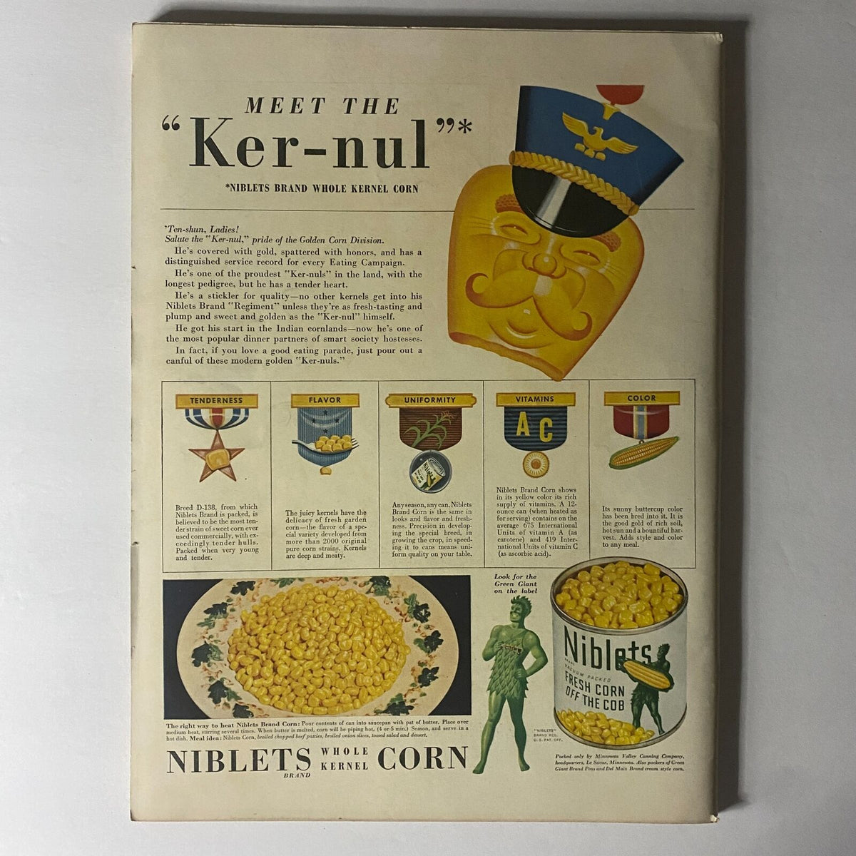 Back cover advertisement for Niblets Brand Whole Kernel Corn from Life Magazine dated December 8, 1941, featuring a playful illustration of the 'Ker-nul' mascot and details on the product's qualities.