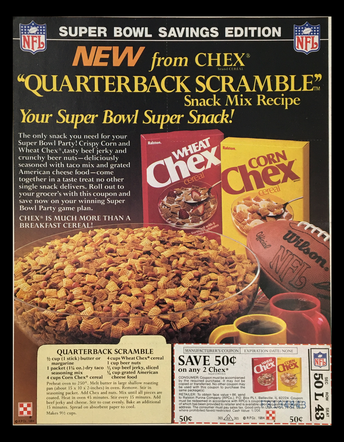 1984 NFL Super Bowl Chex Snack Mix Recipe Circular Coupon Advertisement featuring the 'Quarterback Scramble' snack mix with Chex cereals, a detailed recipe, and a manufacturer’s coupon for savings.