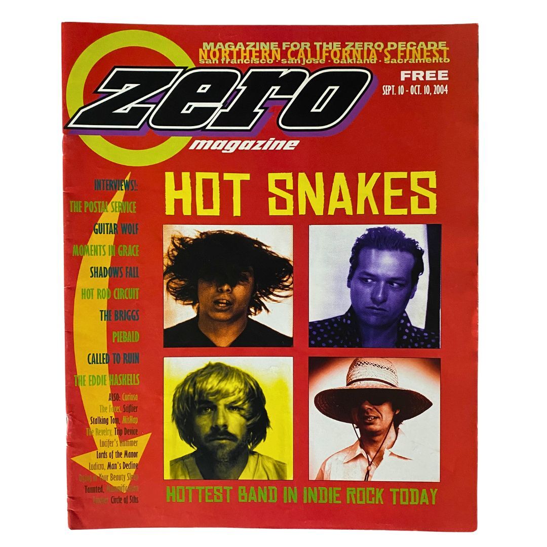 Cover of Zero Magazine from September 10, 2004 featuring Hot Snakes, titled 'Hottest Band in Indie Rock Today'. The magazine showcases vibrant colors and includes artist interviews.