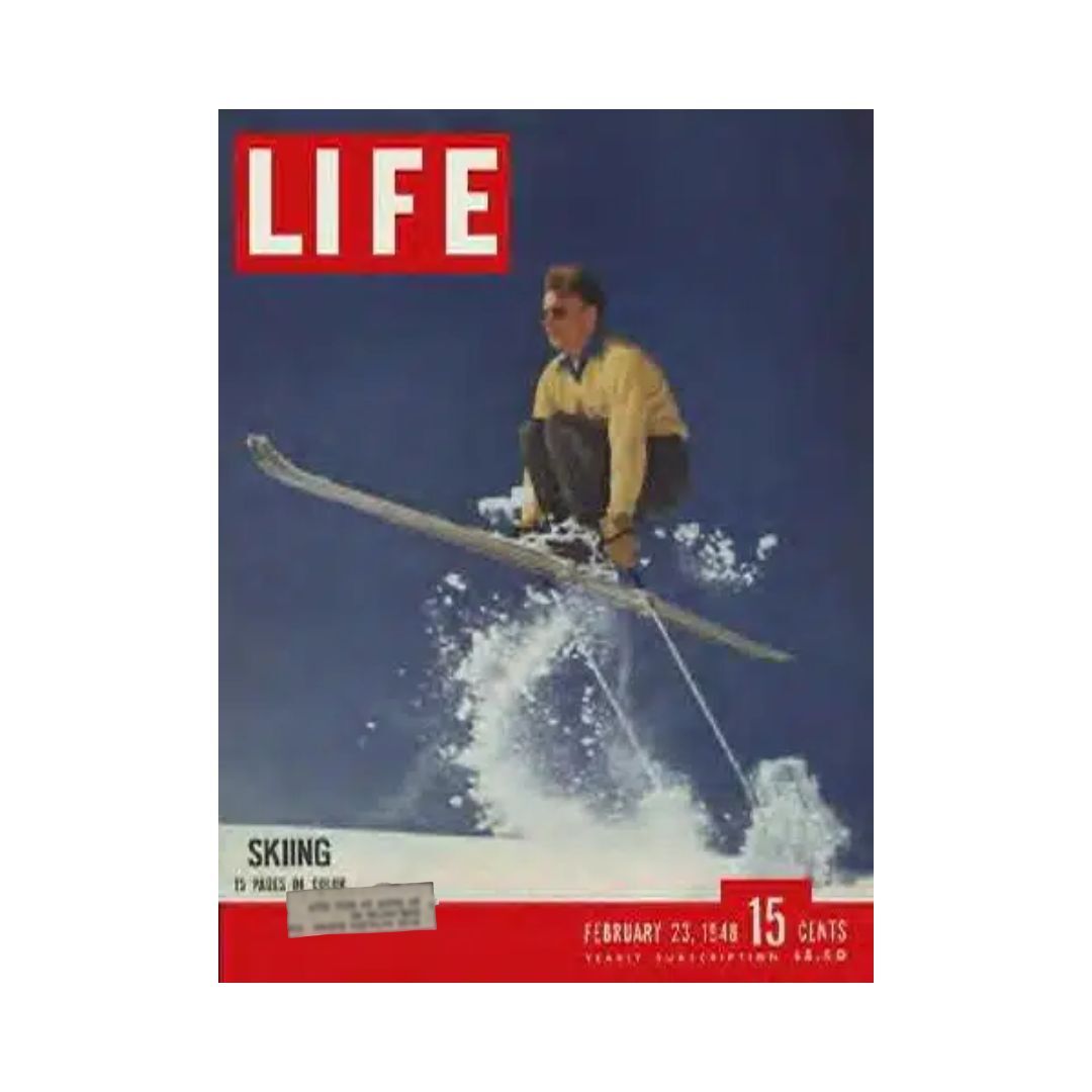 Cover of VTG Life Magazine from February 23, 1948 featuring a skier in action at an Oregon ski resort, highlighting skiing photographs.