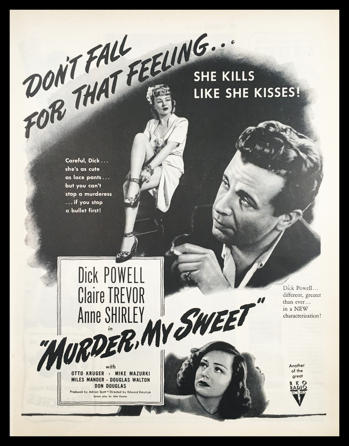 Vintage print advertisement for the 1945 film 'Murder in My Sweet' featuring Dick Powell and Claire Trevor. The ad captures the film's film noir aesthetic with dramatic imagery and engaging text, emphasizing the thrilling nature of the movie.