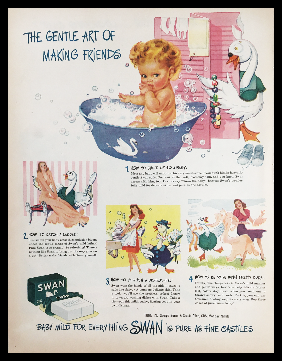 1945 Swan Soap Gentle Art of Making Friends Vintage Print Ad featuring whimsical illustrations, including a child in a tub and a swan, showcasing steps to build friendships through charming acts.