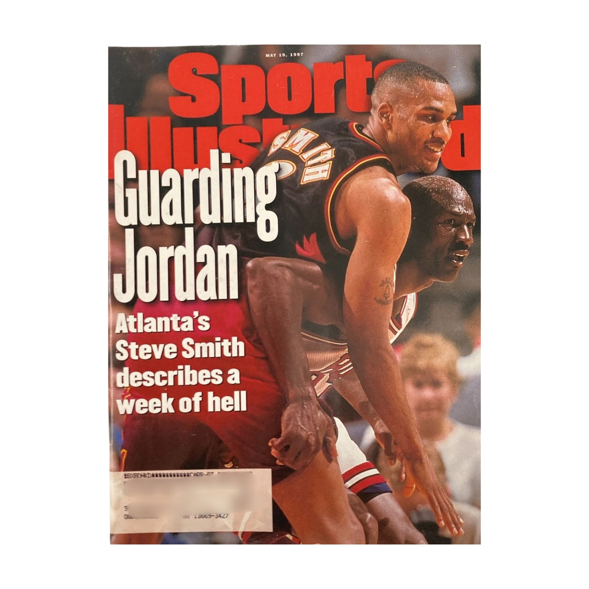 Sports Illustrated Magazine cover from May 19, 1997, titled 'Guarding Jordan,' featuring Michael Jordan and Steve Smith during an NBA playoff matchup. Part of the collection: Lot of 6 1996-1999 Sports Illustrated Magazine NBA Michael Jordan Chicago Bulls.
