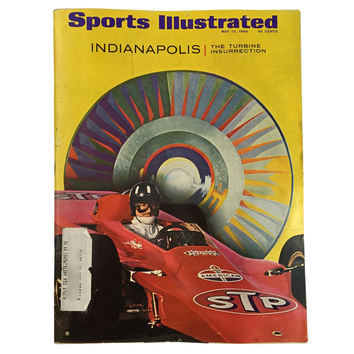 Sports Illustrated magazine cover from May 13, 1968, titled 'Indianapolis: The Turbine Insurrection' featuring a race car with a vibrant wheel design.