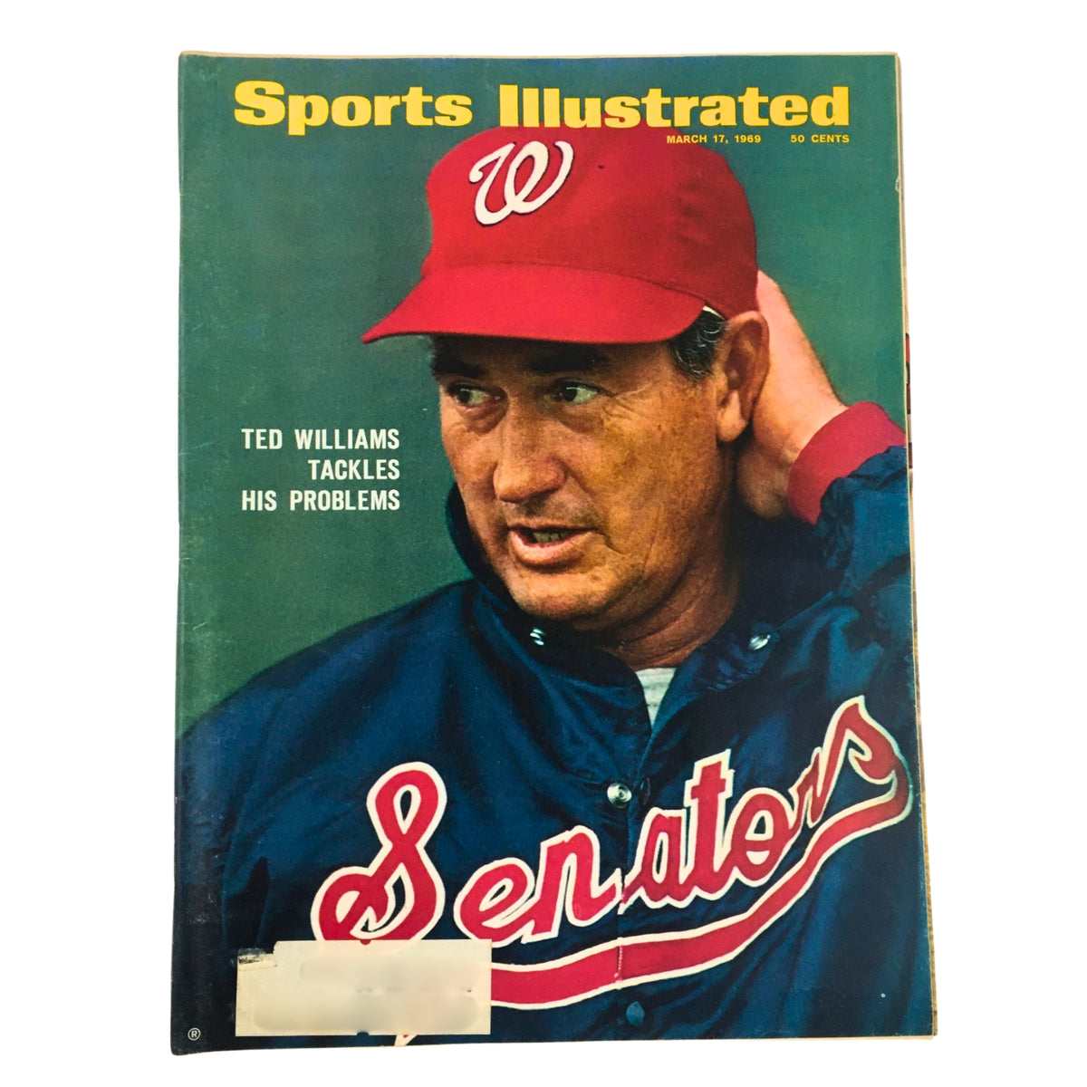 Cover of Sports Illustrated magazine from March 17, 1969, depicting Ted Williams in a baseball jacket, focusing on the headline 'Ted Williams Tackles His Problems'. Part of a collection showcasing Baseball Legends and History from 1960s to 1990s.
