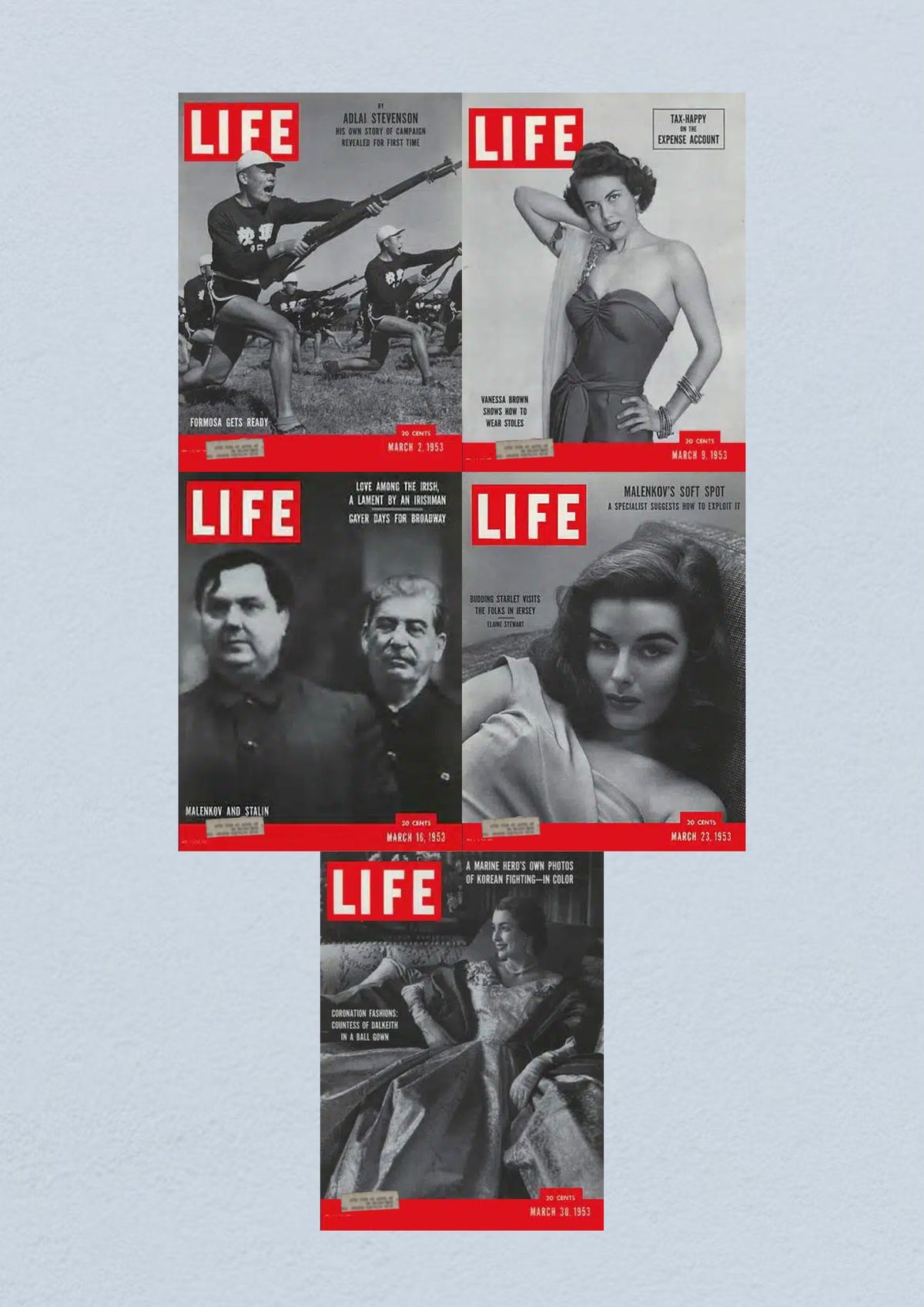 Life Magazine Lot of 5 March 1953 Cover featuring articles on Formosa preparation for war, Vanessa Brown's fashion tips, Malenkov and Stalin, and Korean War photographs.