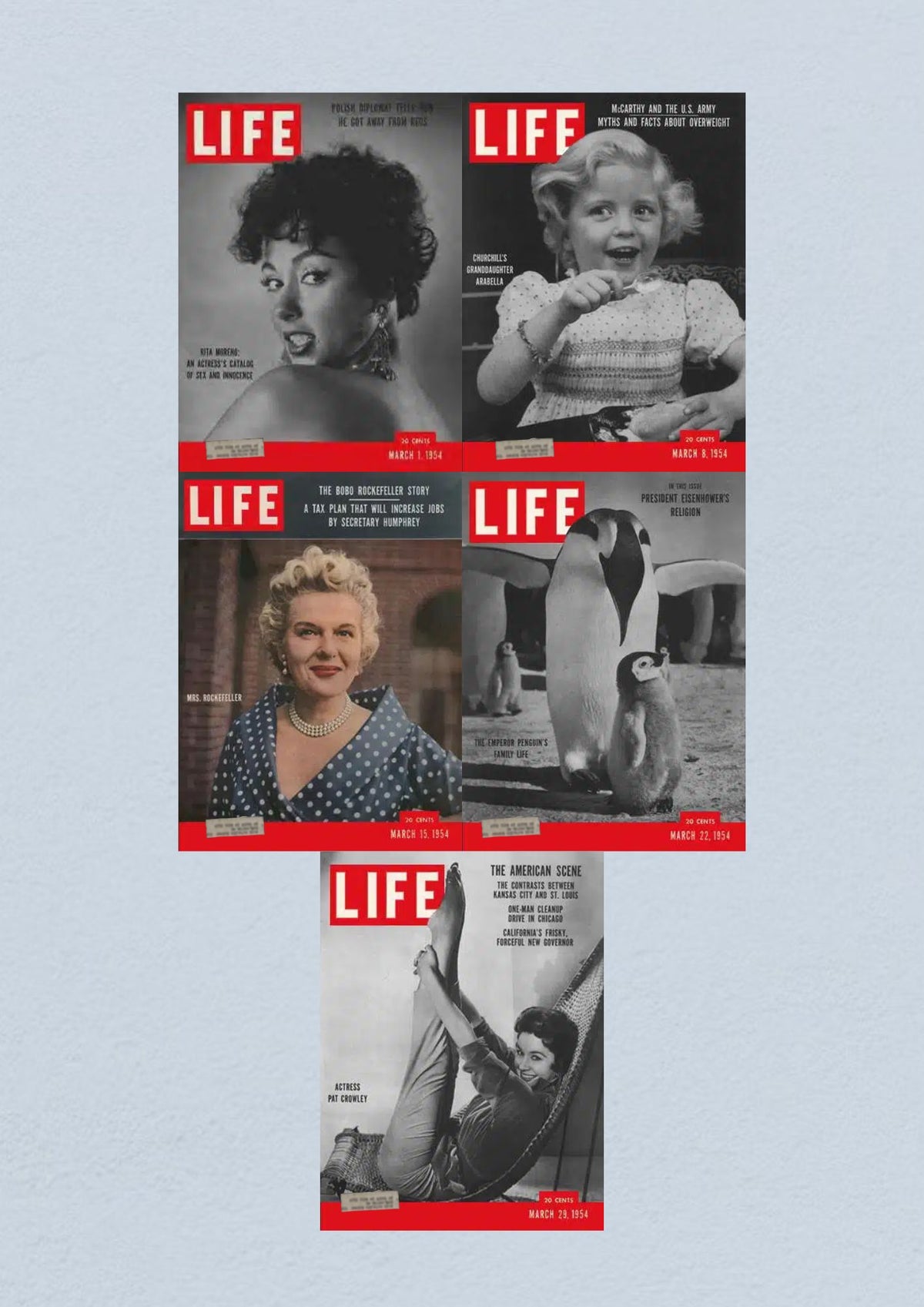 Collage of Life Magazine covers featuring March 1954 editions: March 1 cover with actress Rita Moreno, March 8 featuring Arabella Churchill, March 15 showcasing Bobo Rockefeller, March 22 with an Emperor Penguin family, and March 29 highlighting actress Pat Crowley.