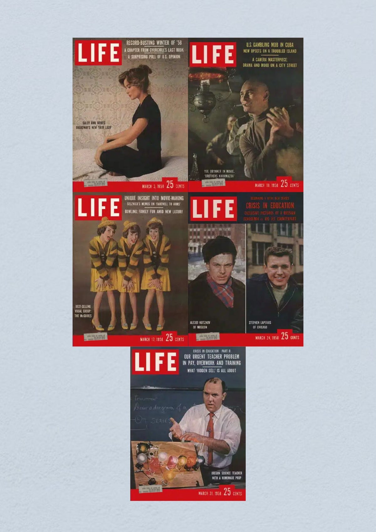 Life Magazine cover for March 31, 1958, highlighting an educational theme with a teacher's perspective. Included in the March 1958 lot, which reflects the Civil Rights Era.