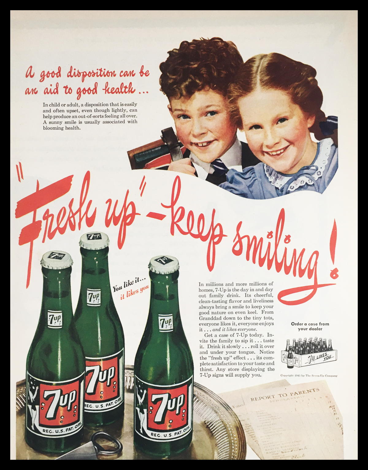 1945 7-Up Fresh Up Keep Smiling Vintage Print Ad featuring two smiling children with bottles of 7-Up and vibrant retro typography, showcasing mid-20th century advertising charm.