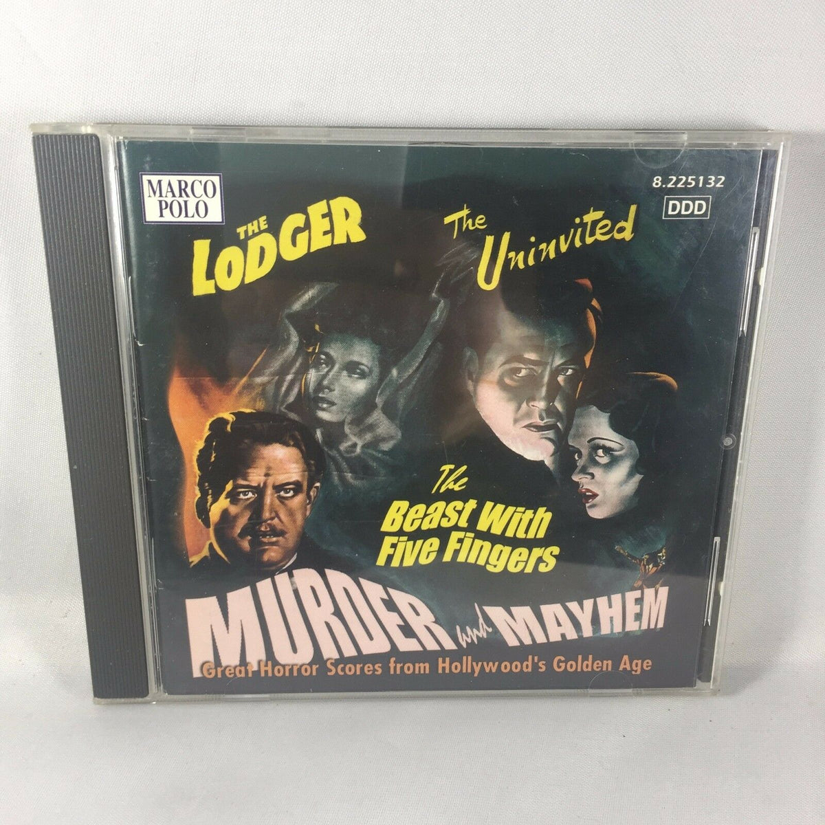 Album cover for 'Murder and Mayhem: Suites from The Lodger, The Beast With Five Fingers, The Uninvited' featuring classic horror film imagery and titles, showcasing great horror scores from Hollywood's golden age.