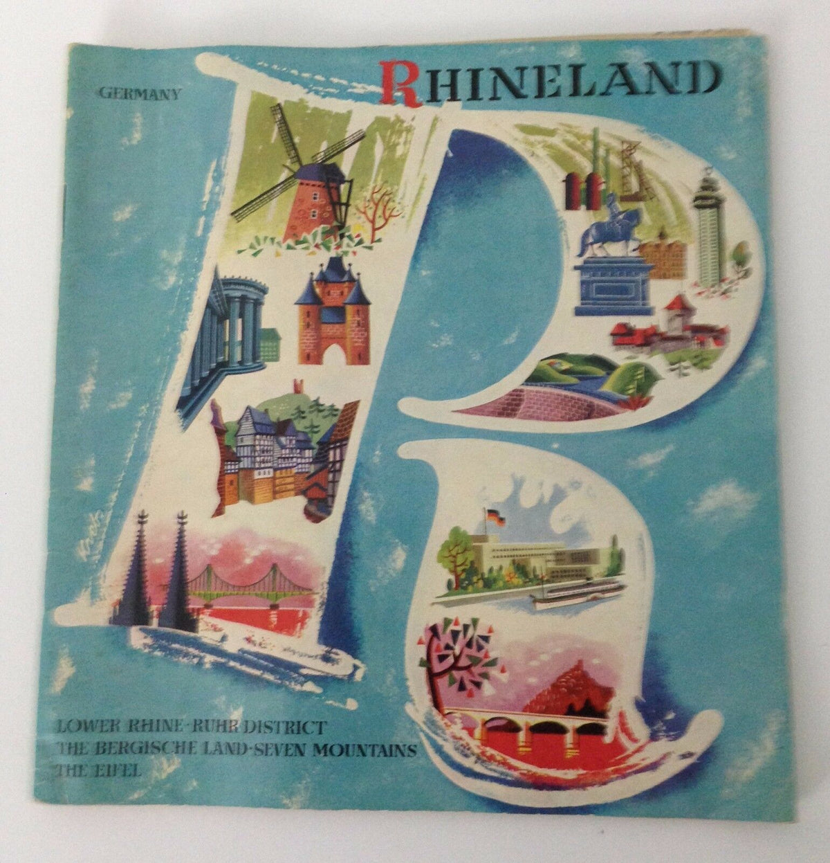 Vintage 1950s GUIDE BOOKLET Rhineland Germany cover featuring colorful illustrations and iconic landmarks of the region.