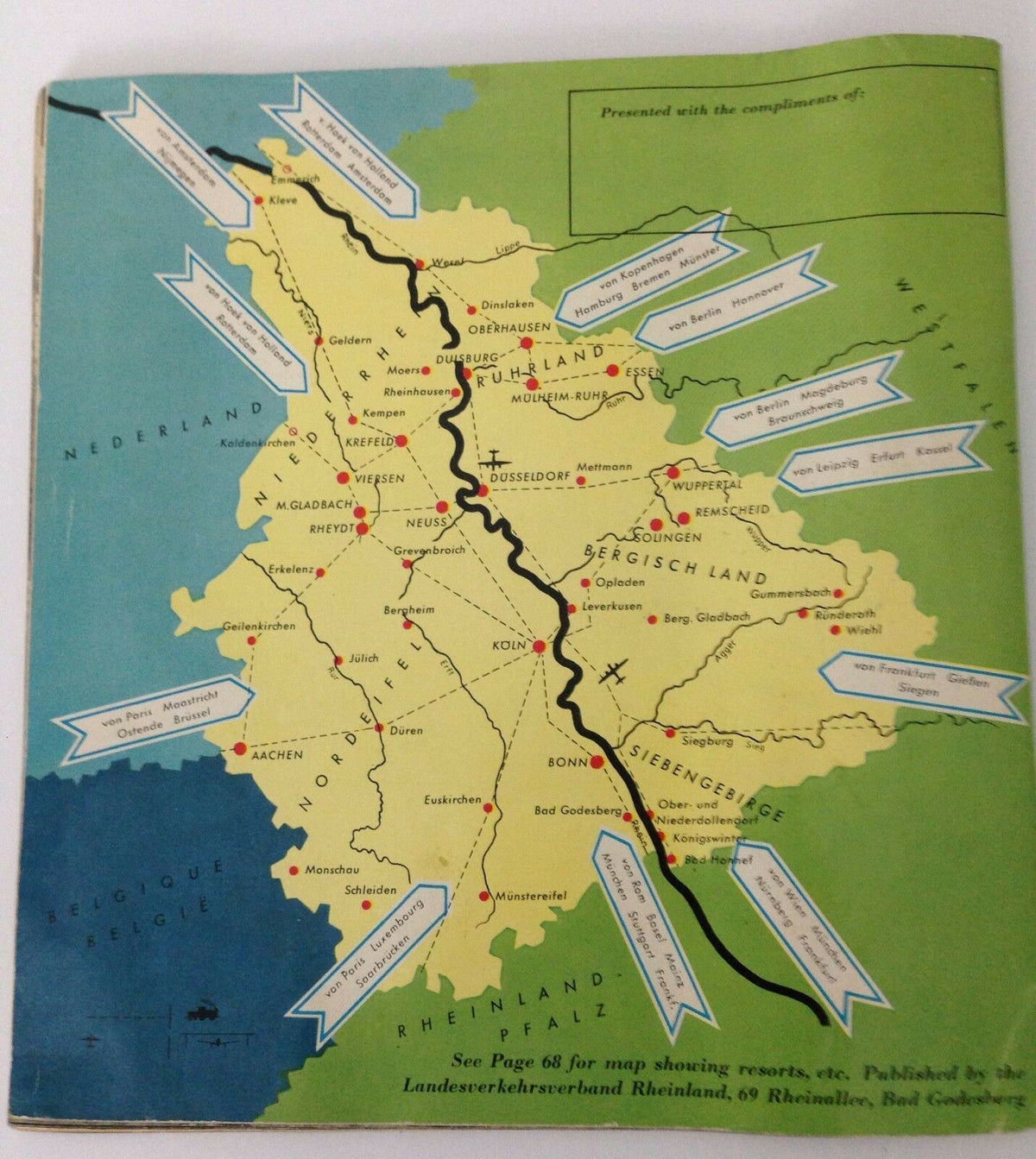 Map brochure included in the Vintage 1950s GUIDE BOOKLET Rhineland Germany, showcasing detailed routes and resorts in Rhineland.