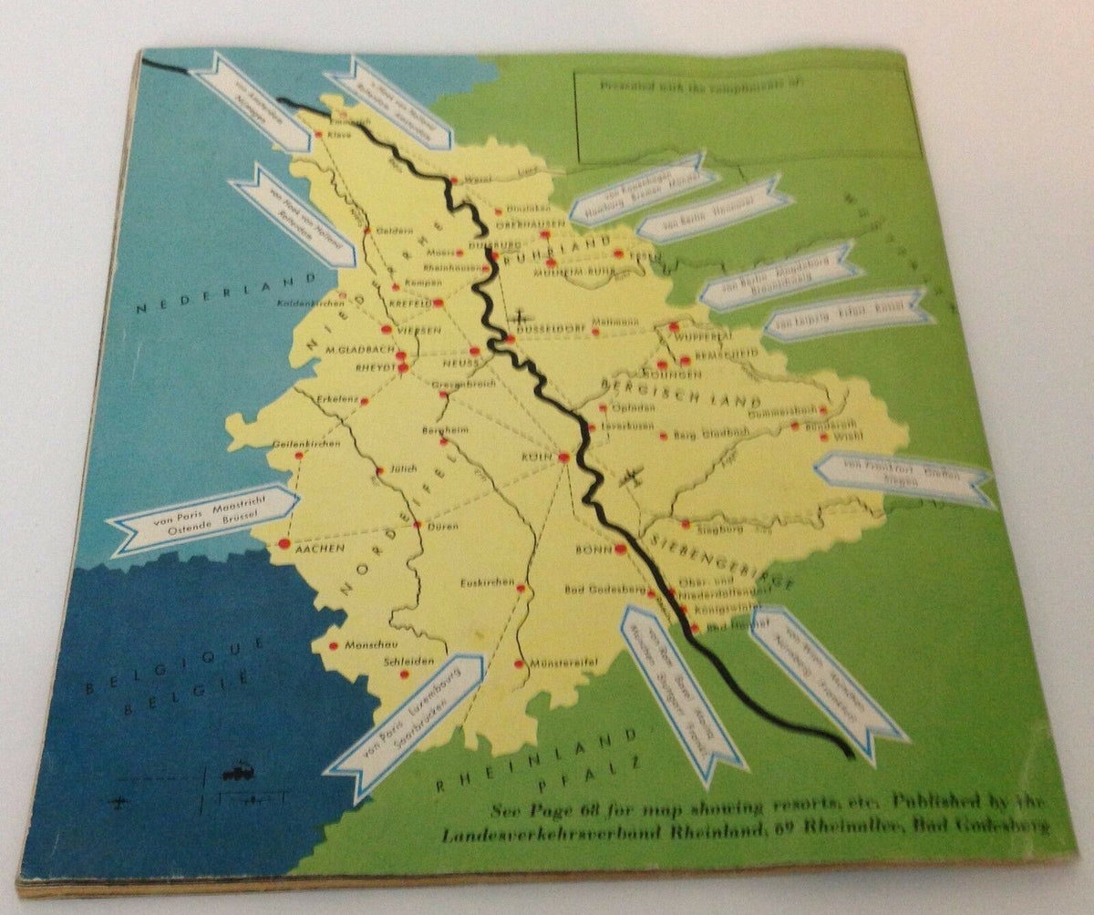 Vintage 1950s GUIDE BOOKLET image featuring a detailed map of Rhineland Germany, showcasing attractions and routes for travel enthusiasts and collectors. Ideal for historical insights into 1950s travel culture.